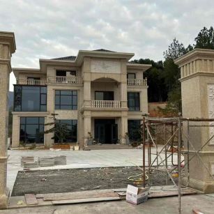 兰州 黄金麻花岗岩别墅雕花外墙干挂配上门口雕花罗马柱